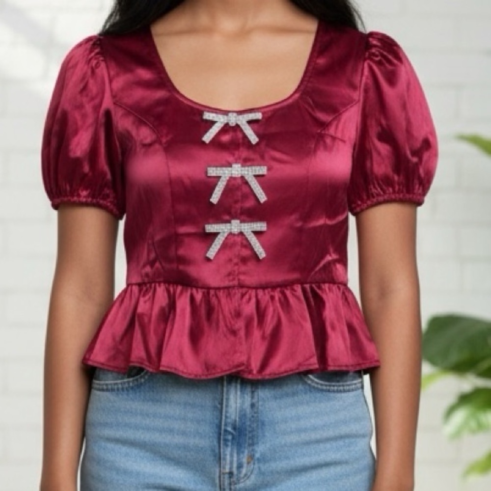 Crystal Sky Red Wine Scoop Neck Satin Rhinestone Bow Peplum Top XS